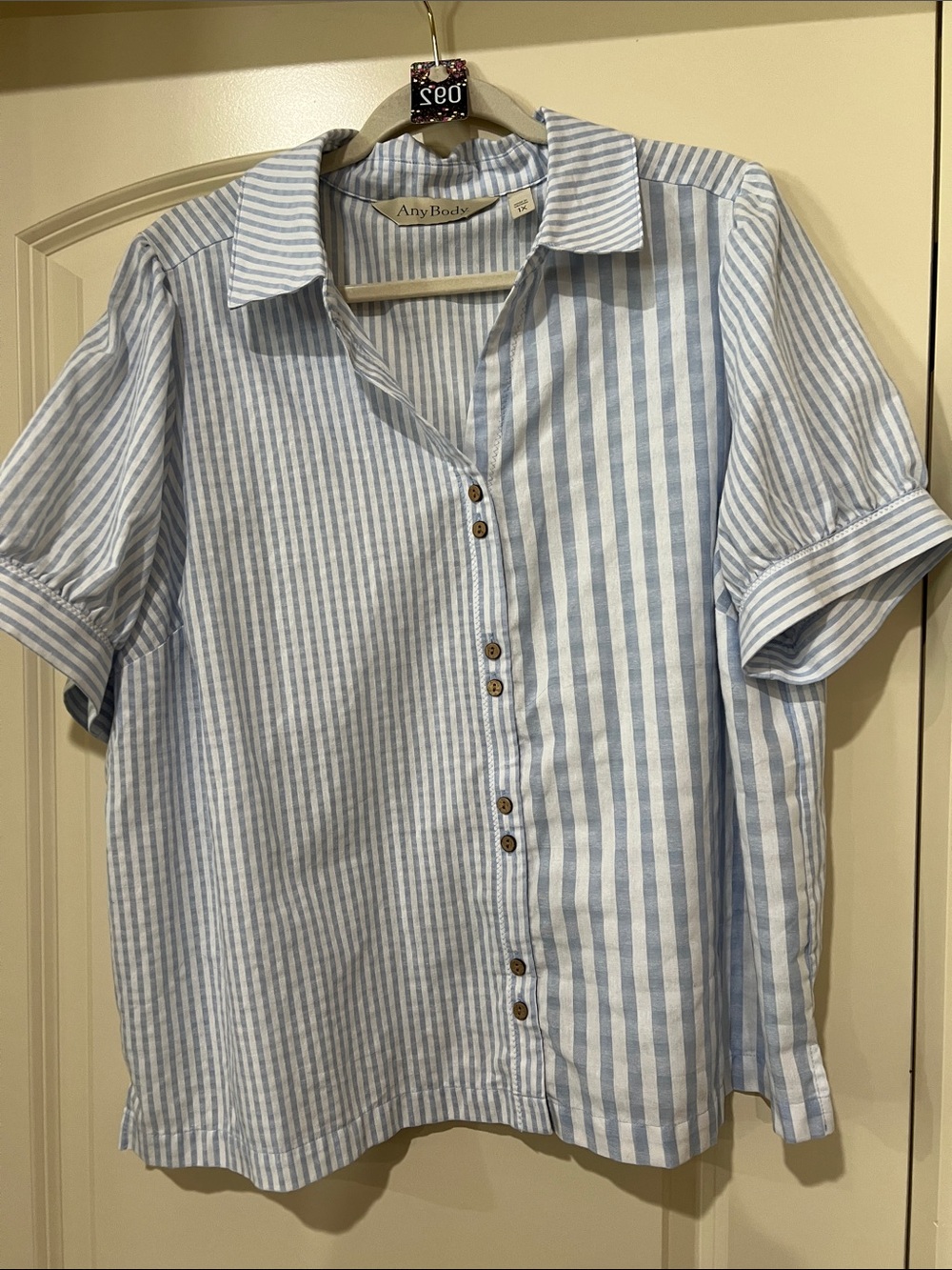 AnyBody Blue and White Striped Short-Sleeve Button Down Shirt H092
